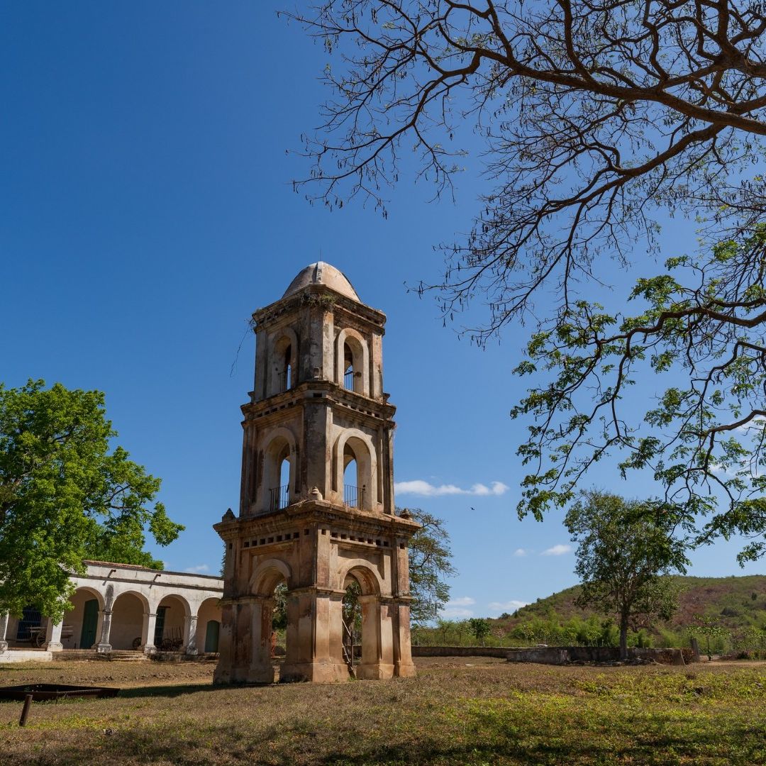 Clock tower in Ruins of Ingenio San Isidro de los Destiladeros, Sugar Mill Valley panoramic view, Trinidad, Sancti Spíritus, Cuba