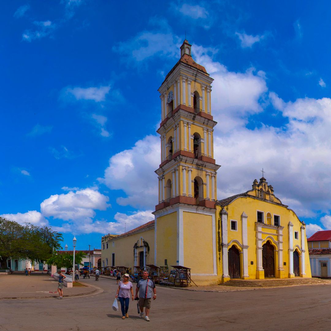 San Juan de los Remedios cathedral panoramic view. “Ride to Santa Clara & Remedios in Old Fashion American Classic Cars” Tour