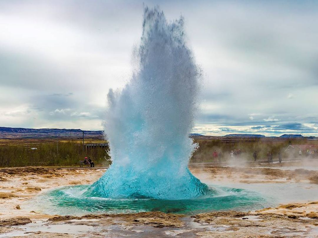 The Great Geysir (Strokkur geysir) panorami view, Haukadalur Geysir valley, Iceland.