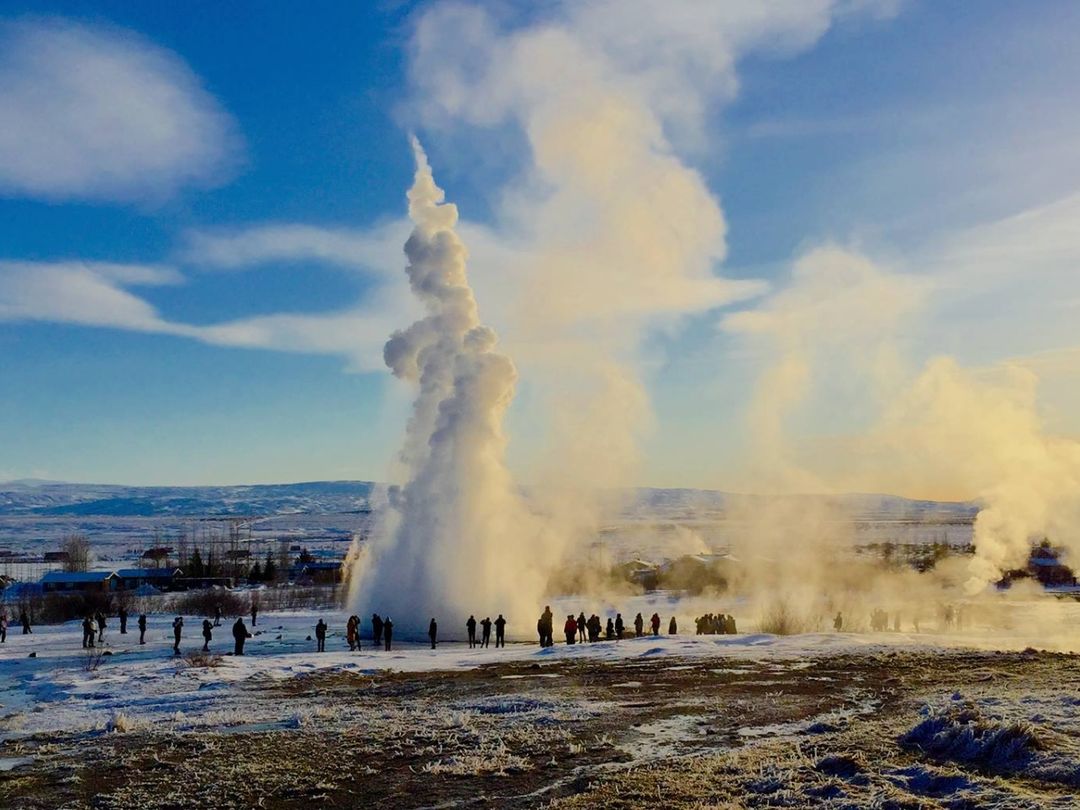 The Great Geysir (Strokkur geysir) panorami view, Haukadalur Geysir valley, Iceland.