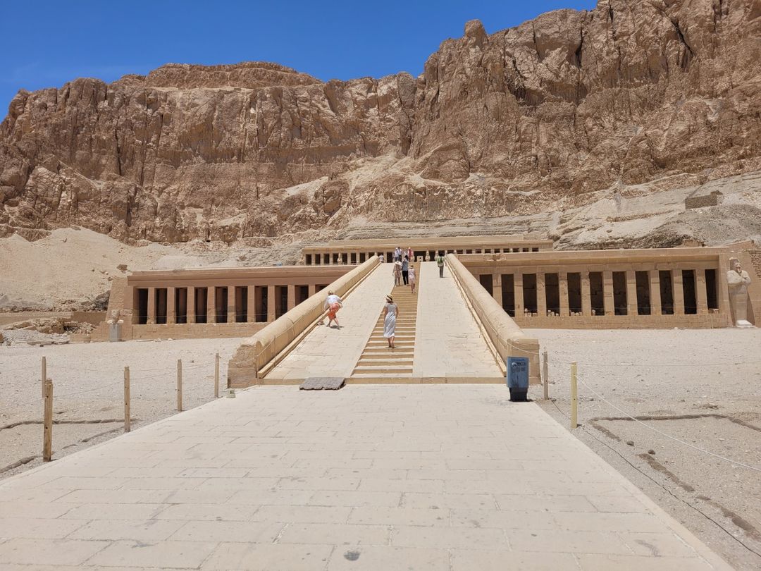 THE TEMPLE OF HATSHEPSUT panoramic view, Luxor, Egypt.