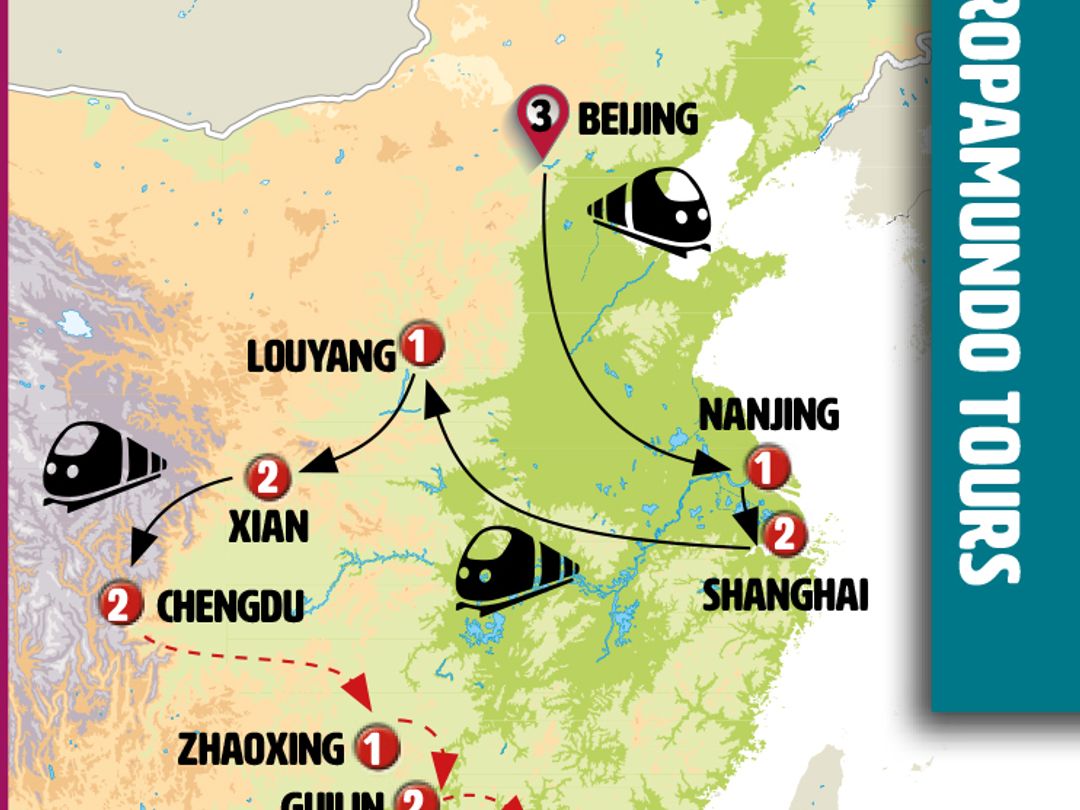 GOLDEN TRIANGLE AND SOUTH OF CHINA END GUANGZHOU Group Tour map.