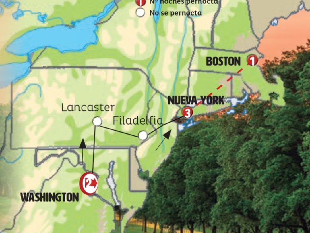 GREAT CITIES OF THE EAST: WASHINGTON, PHILADEPHIA AND NEW YORK Group Tour map.