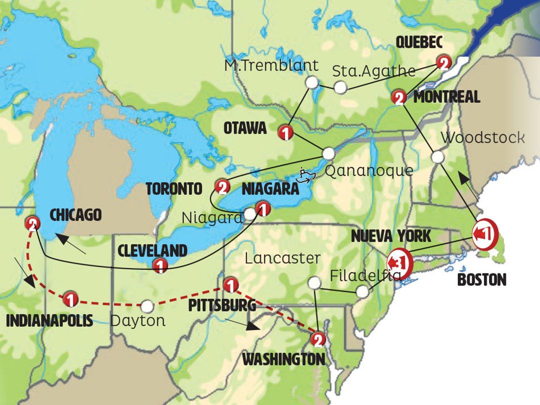 UNITED STATES AND CANADA FOR EVERYONE END IN CHICAGO WITH NEW YORK Group Tour map.