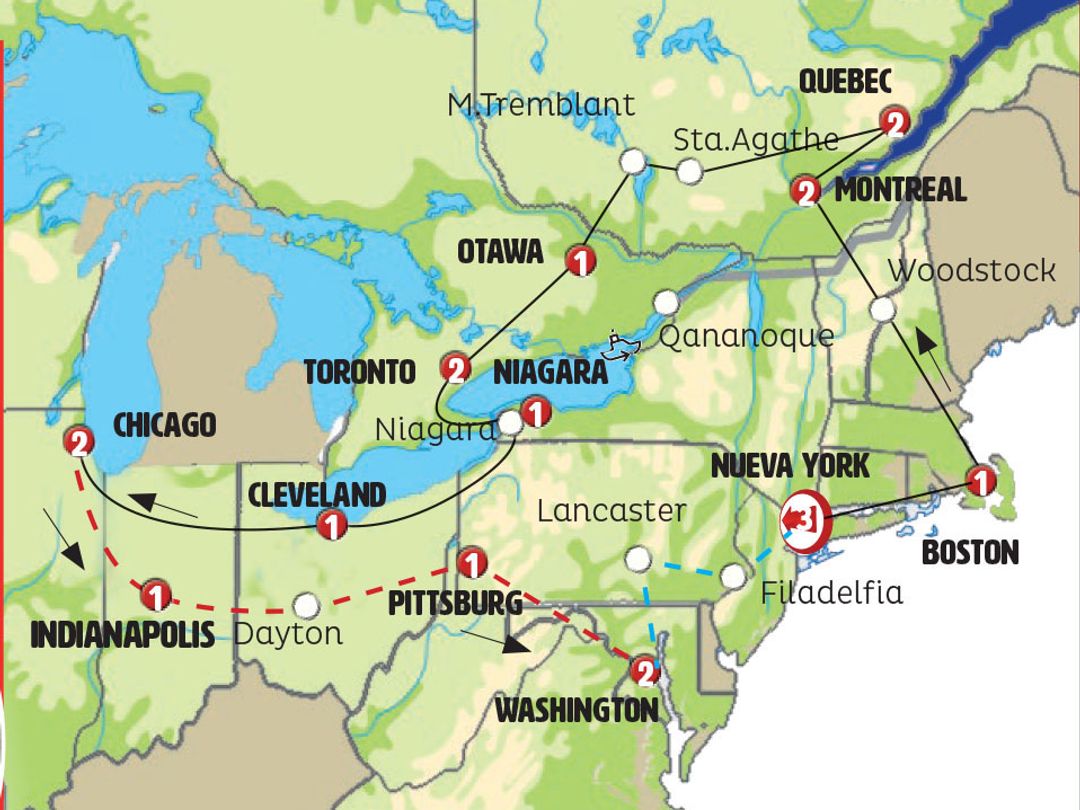 GREAT TOUR OF THE UNITED STATES AND CANADA END IN CHICAGO Group Tour map.