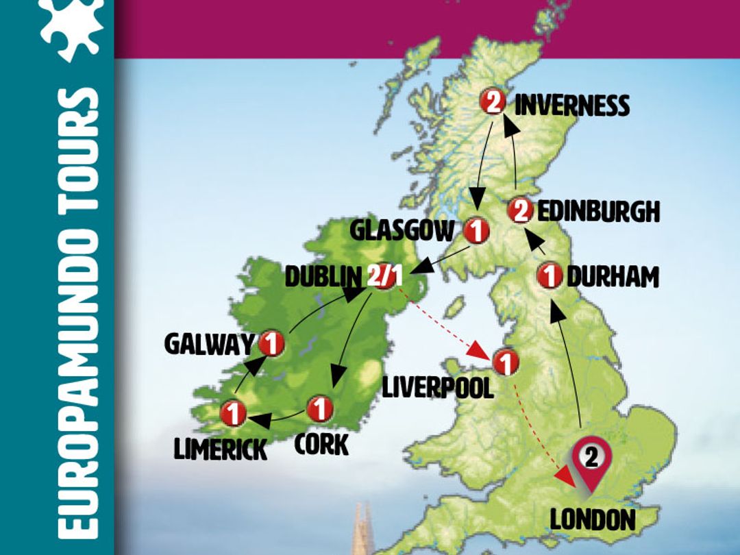 EXTENSIVE UNITED KINGDOM AND IRELAND Group Tour map.