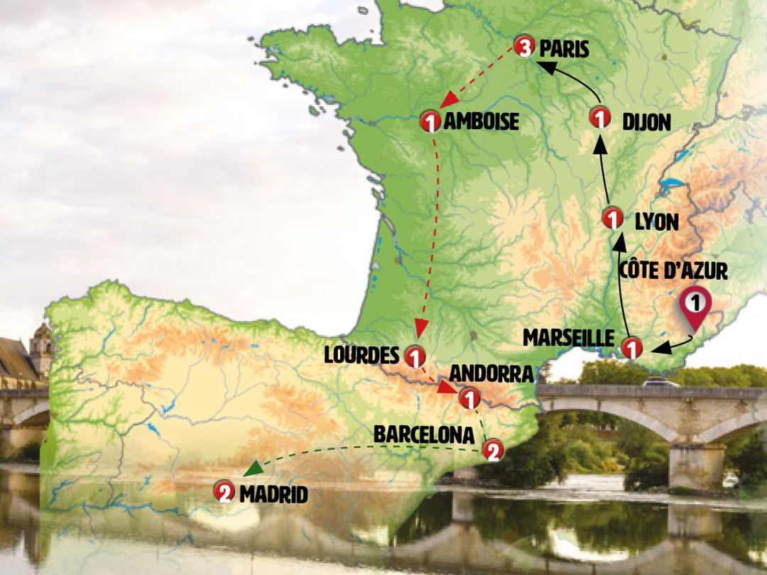 FRANCE, ANDORRA AND SPAIN Group Tour map.