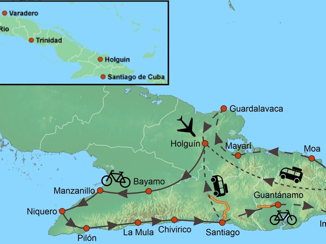 BIKE TOUR SELF-GUIDED EASTERN CUBA map.