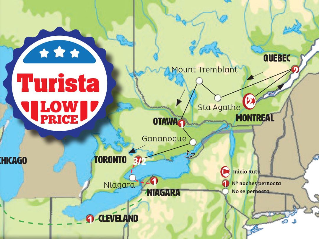 CANADA, FALLS AND CHICAGO TOURIST CLASS Group Tour map.