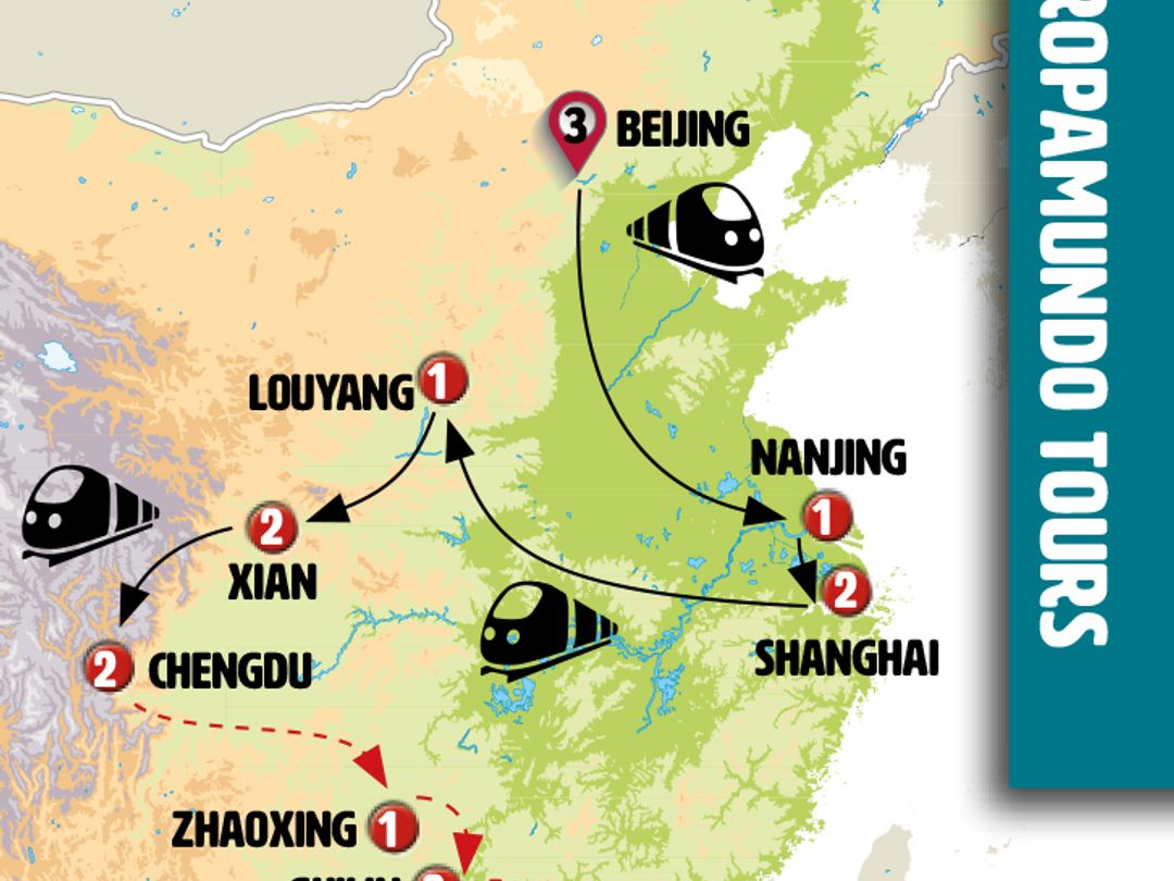 GOLDEN TRIANGLE AND SOUTH OF CHINA, GUANGZHOU END HONG KONG Group Tour map.