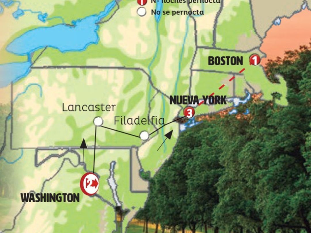 GREAT CITIES OF THE EAST: WASHINGTON, NEW YORK AND BOSTON Group Tour map.