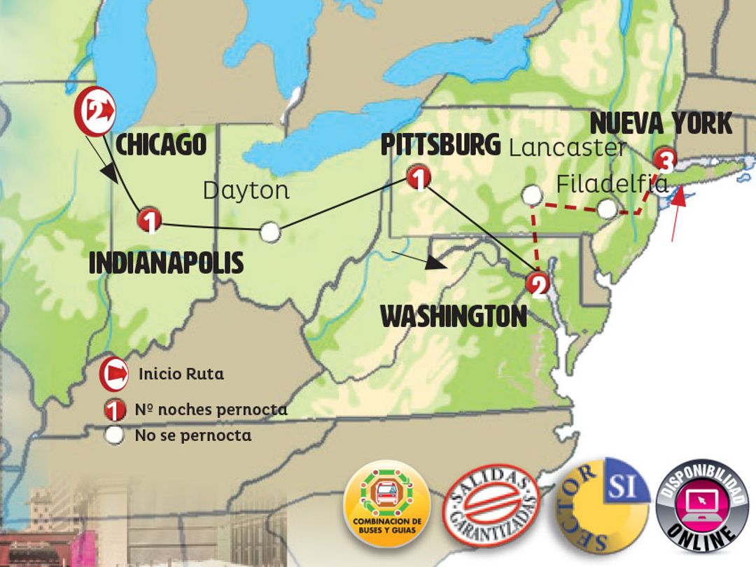 CHICAGO, WASHINGTON AND NEW YORK Group Tour map.