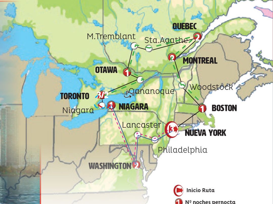 NEW YORK, BOSTON AND CANADA END NIAGARA Group Tour map.