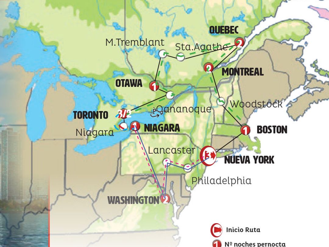 NEW YORK, BOSTON, AND CANADA Group Tour map.