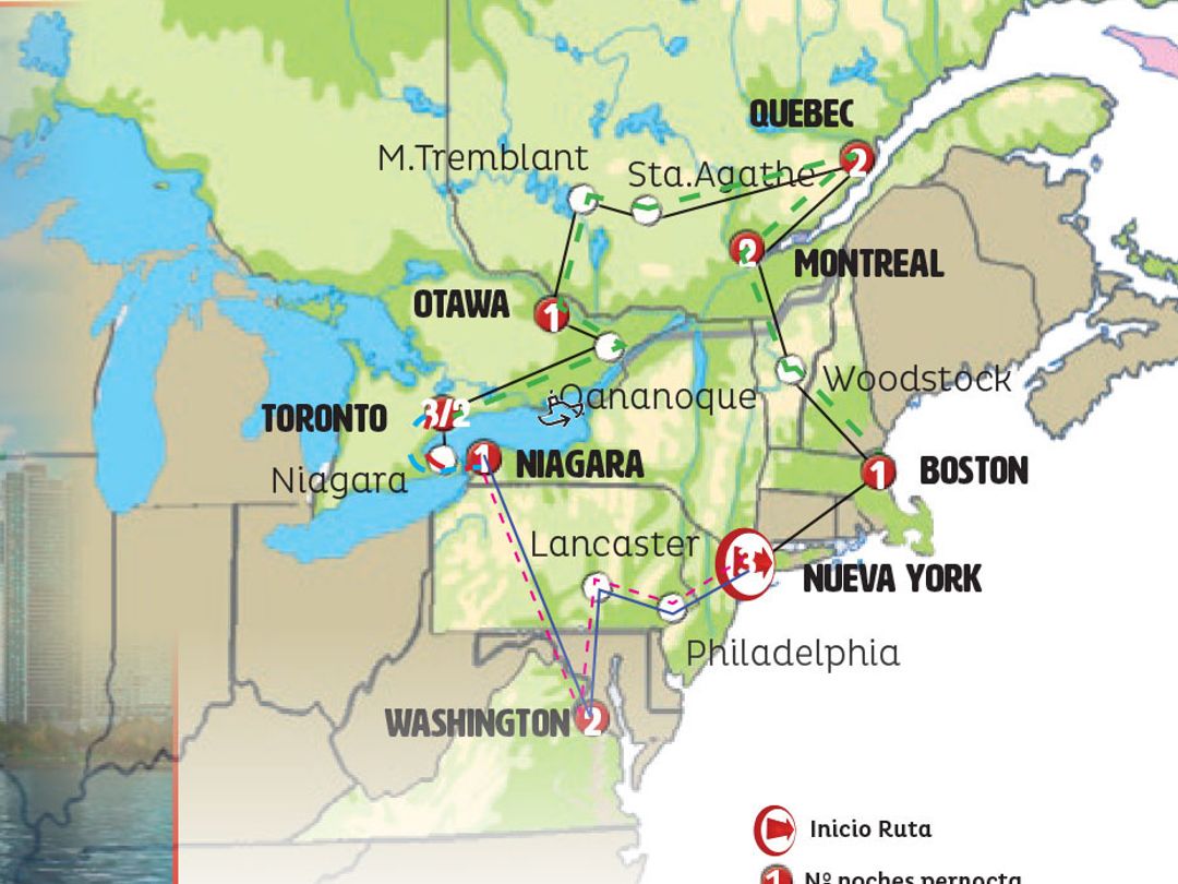EAST COAST AND CANADA DREAMED END WASHINGTON Group Tour map.