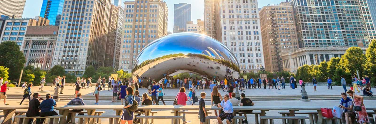The Cloud Gate panoramic view, CHICAGO, Illinois state, United States of America.