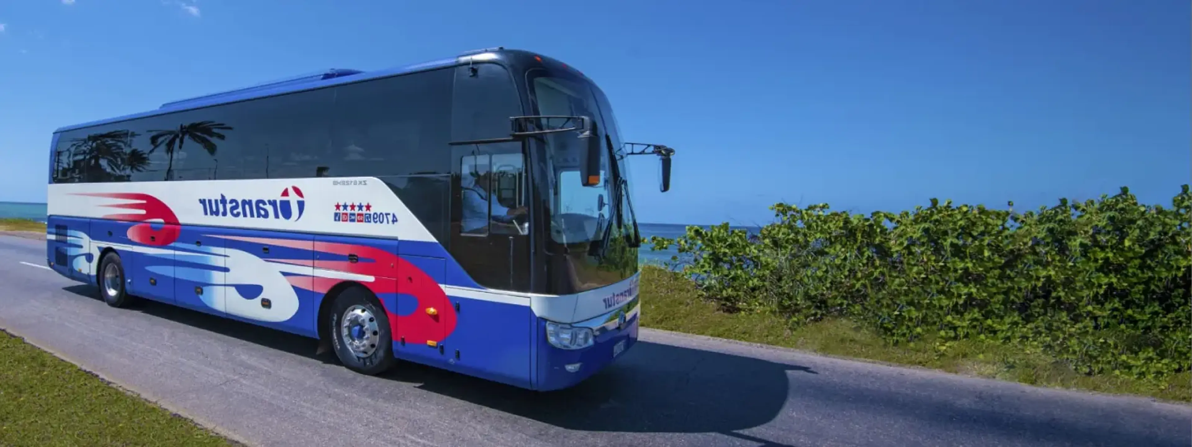 Transfer coach on the coast road into Varadero