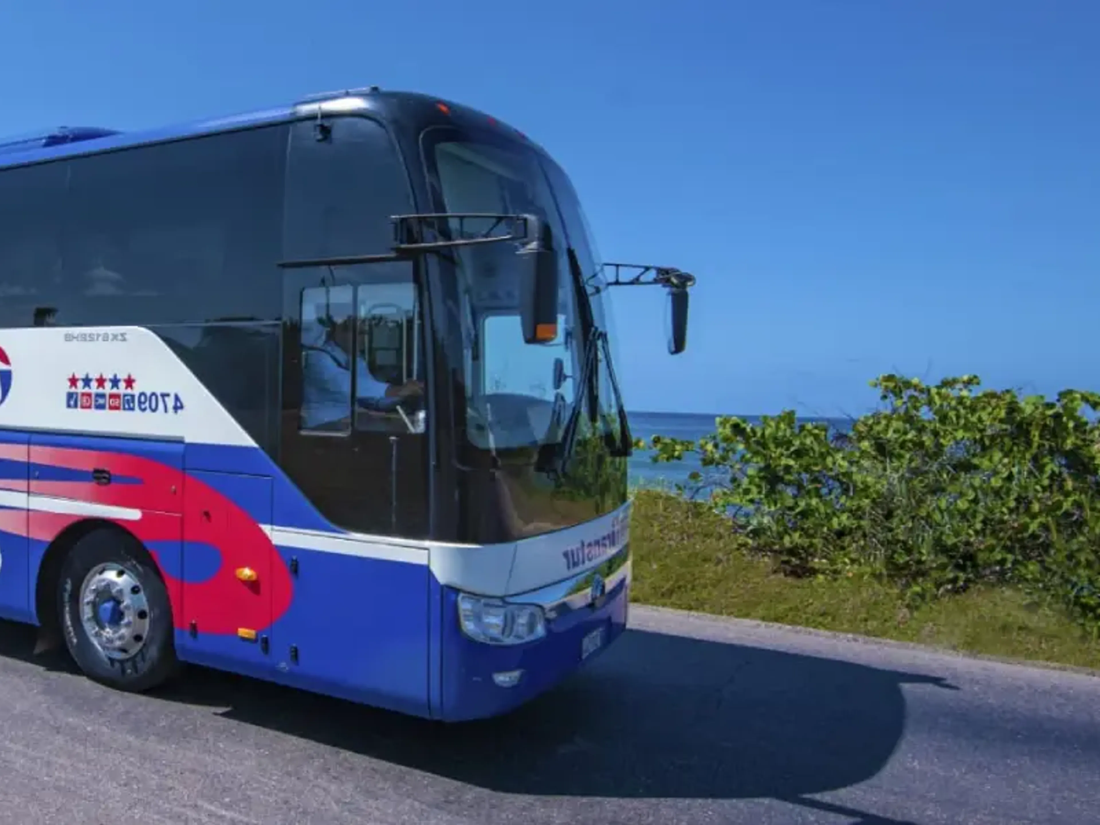 Transfer coach on the coast road into Varadero