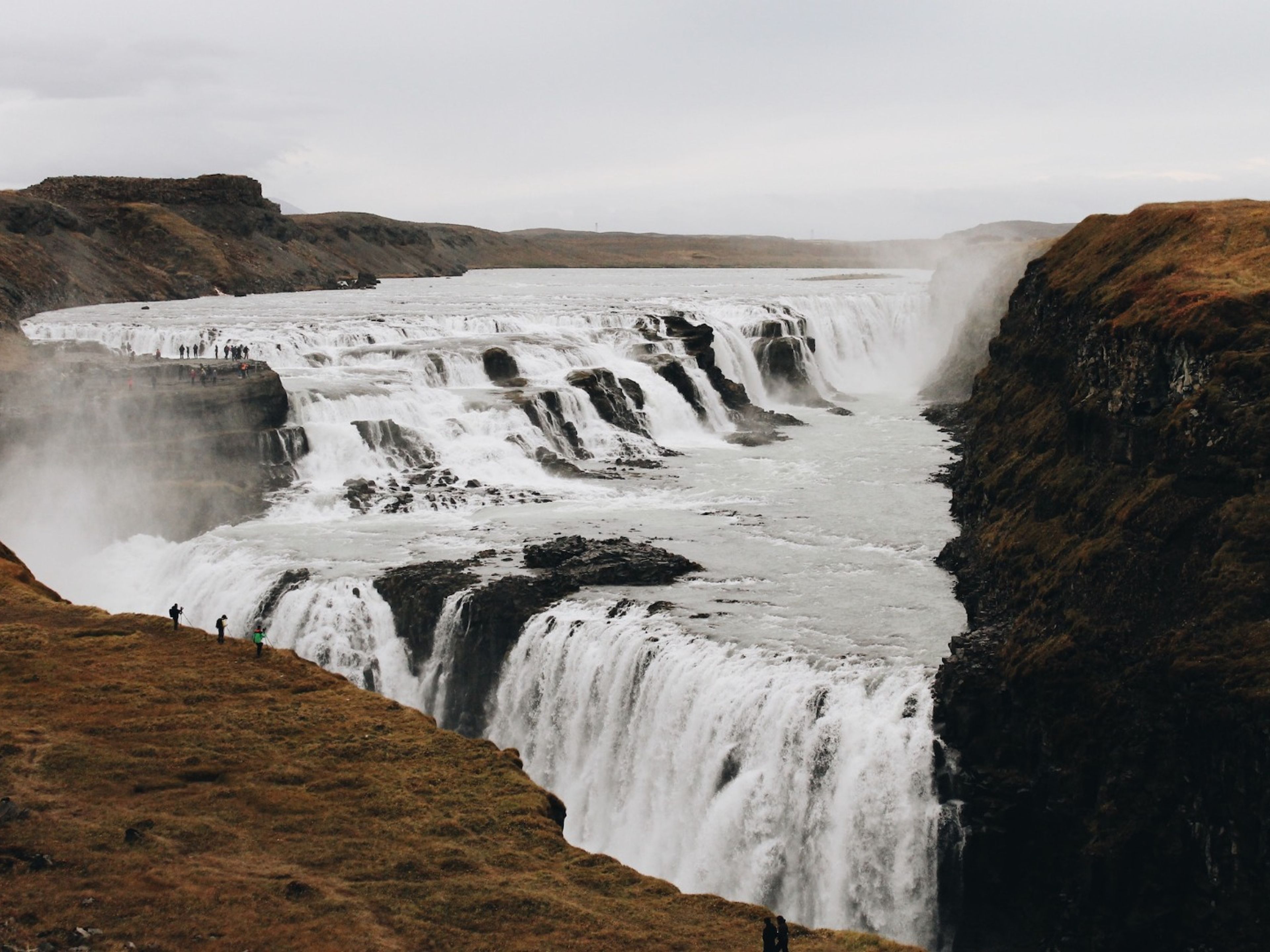 "GOLDEN CIRCLE" Private Tour. Gullfoss Waterfall panoramic view, canyon of the Hvítá river, Iceland.
