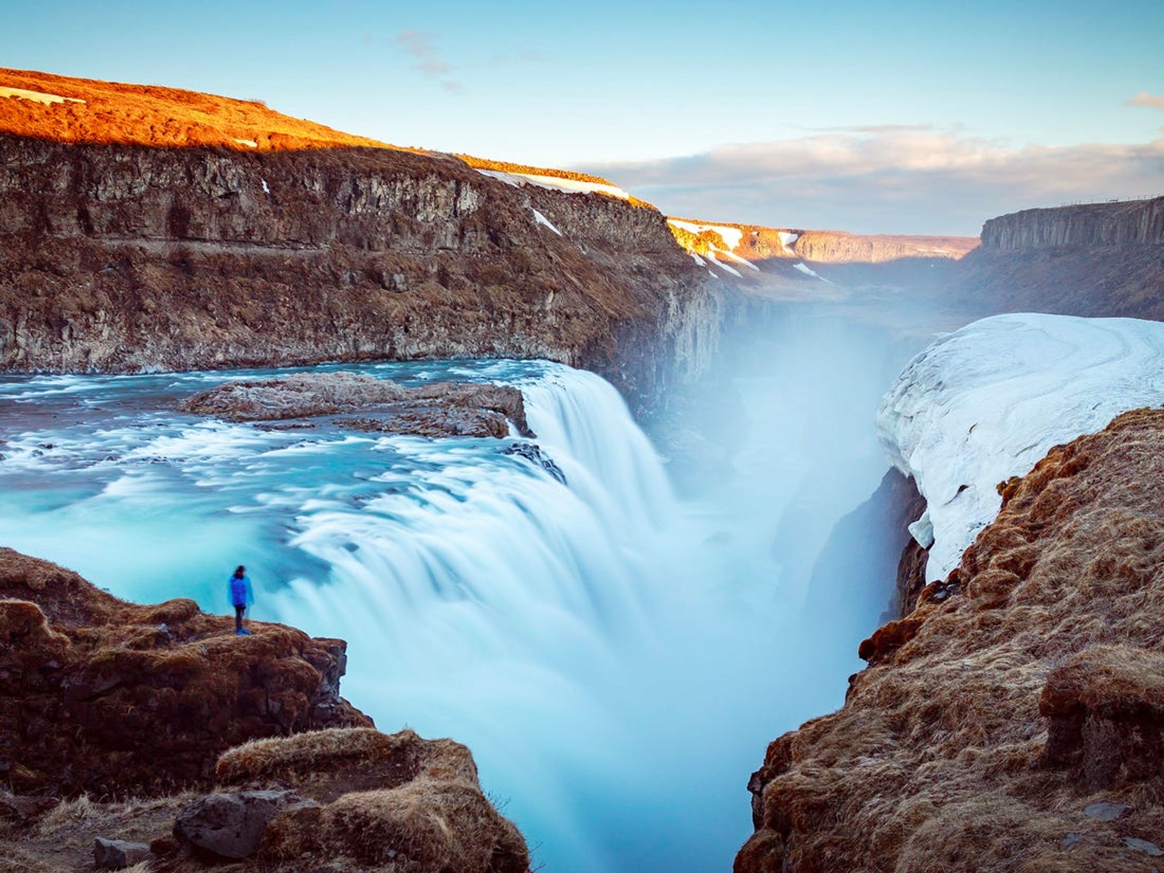 Excursão privada "CÍRCULO DOURADO". Gullfoss Waterfall panoramic view, canyon of the Hvítá river, Iceland.