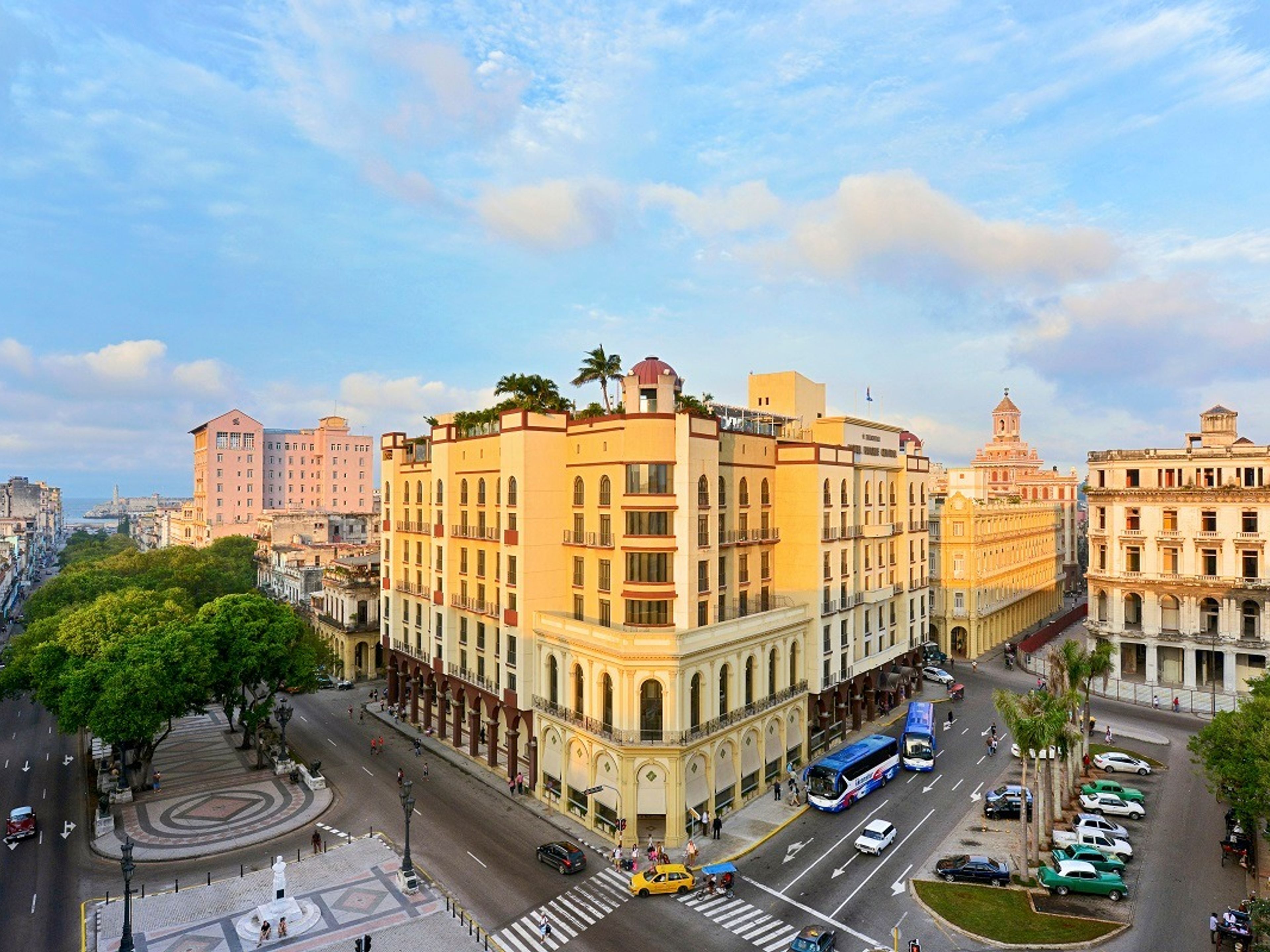 Tour “LA HAVANA Y LOS CLÁSICOS”. The Prado Promenade and the Iberostar Parque Central hotel panoramic view, Old Havana, Havana, Cuba.
