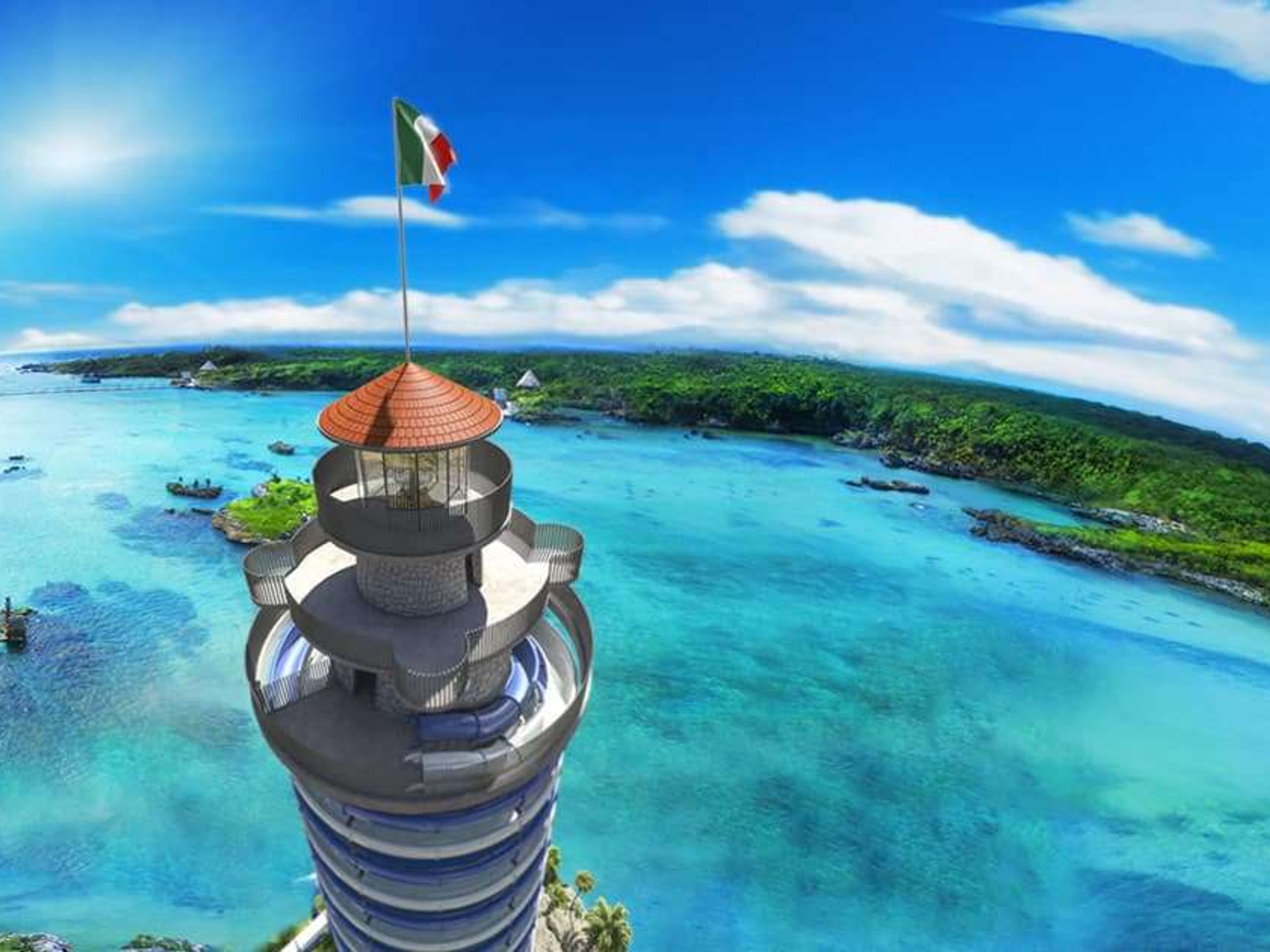 "Interax Dolphins in Xel Há" Tour. Lighthouse and an amazing viewpoint in Xel-Ha Park, Cancun, Yucatan Peninsula. Mexico.