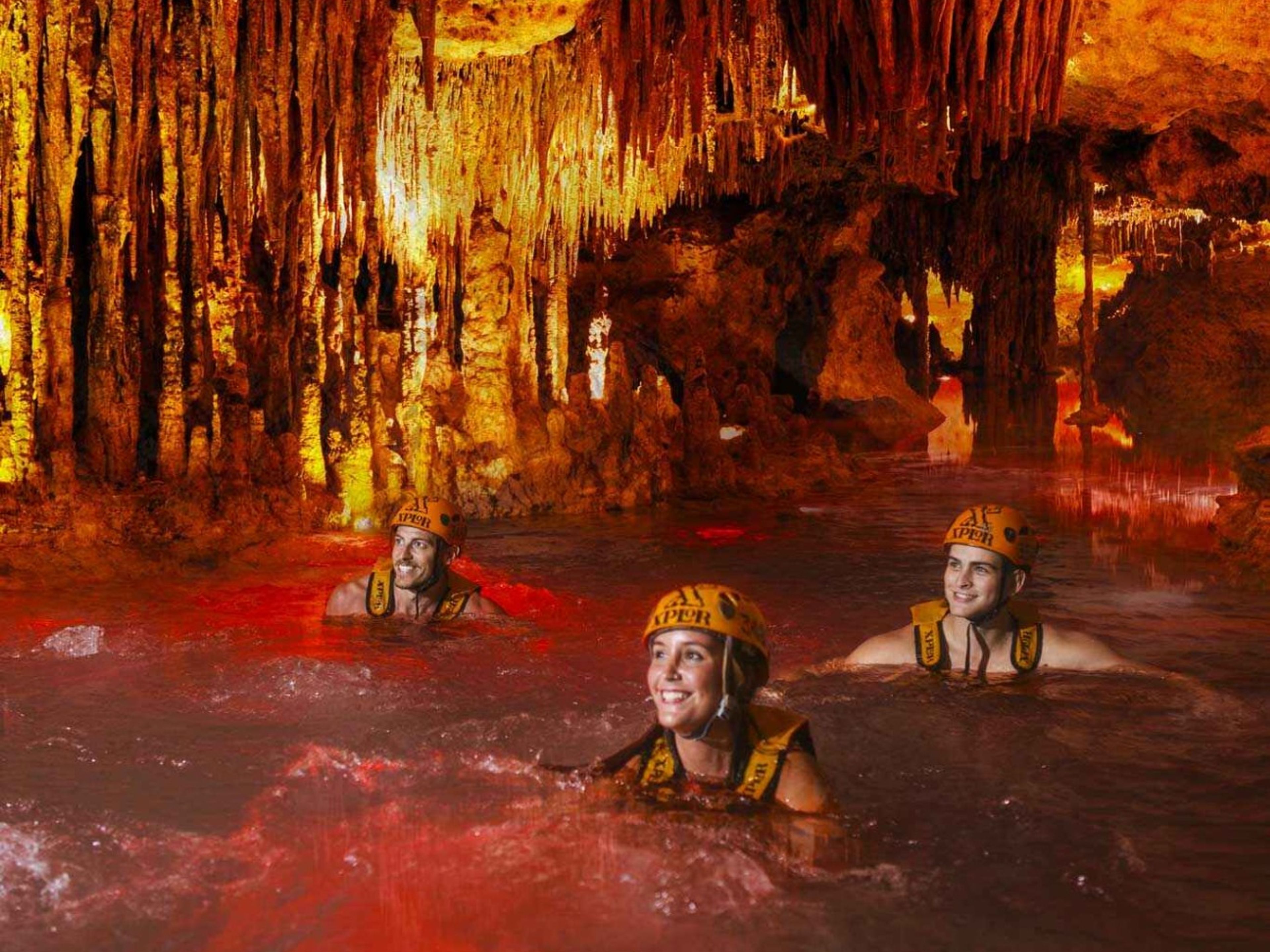 Tour "Xplor Fuego". Stalactive river in Xplor Park, an incredible journey in Playa del Carmen, Yucatan Peninsula. Mexico.