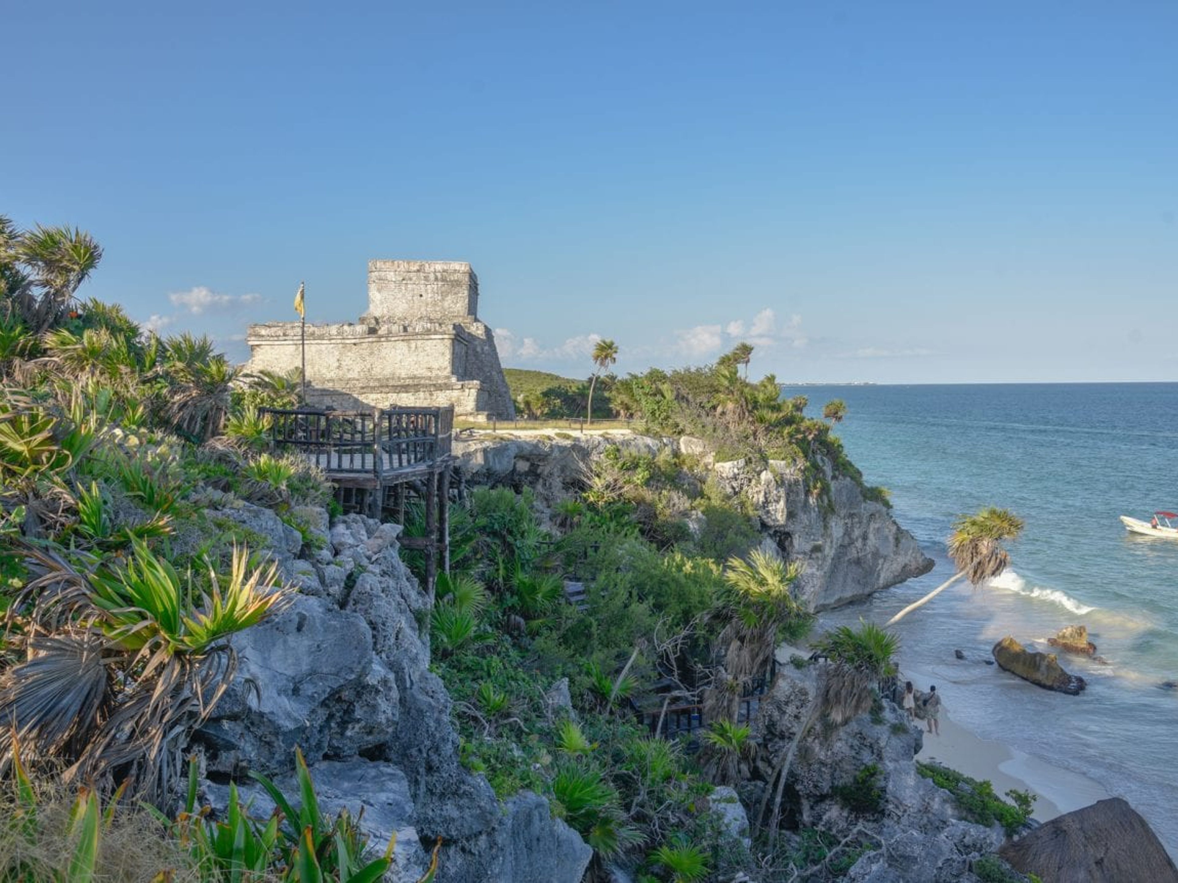 Tour "Privado de Tulum". Panoramic view of Tulum Archaeological Site, vestiges of ancient civilizations. Yucatan Peninsula, Mexico.