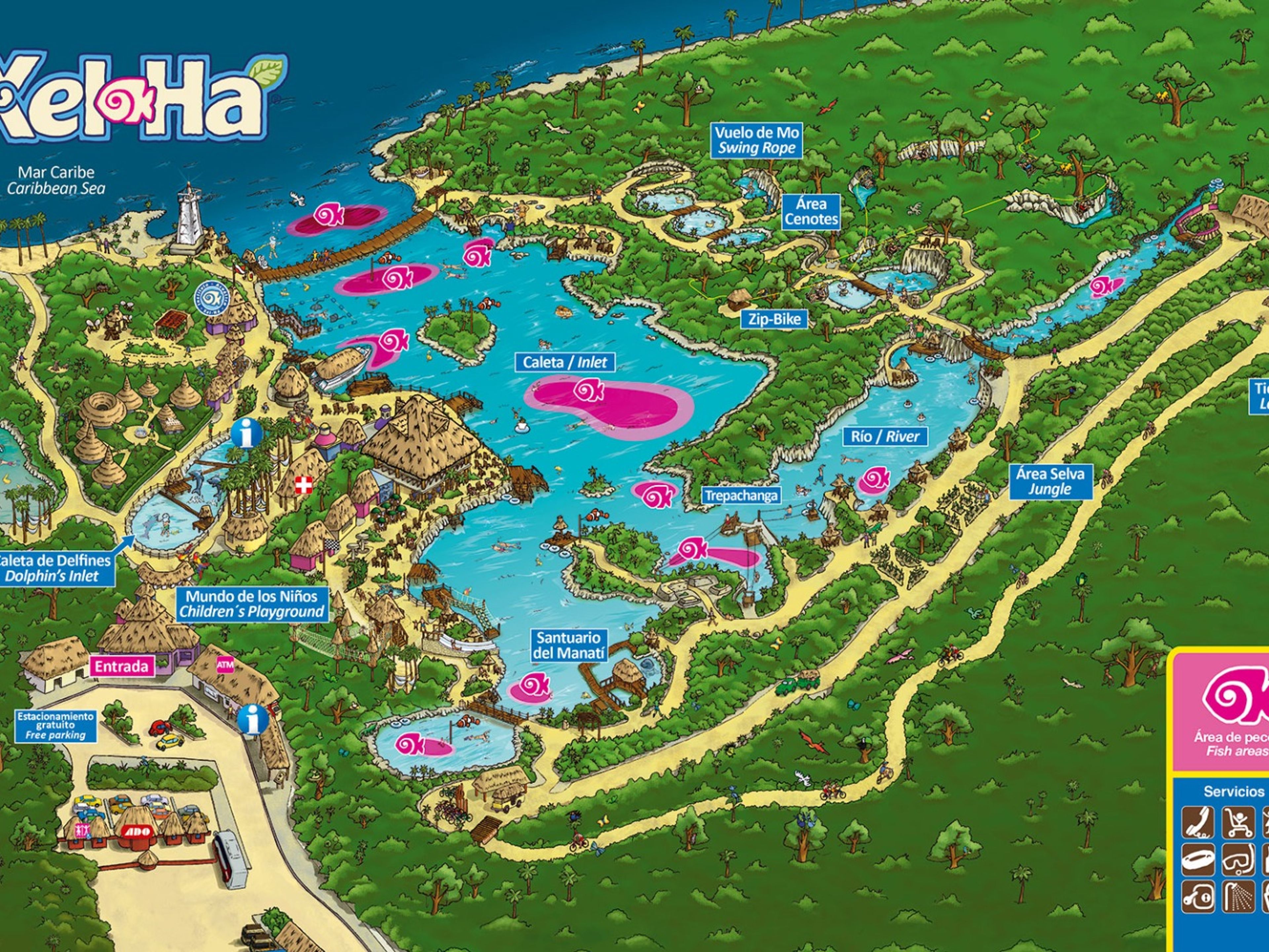 "Dolphinclusive Primax + Xel Ha" Tour. Location map of Xcaret Park in Playa del Carmen. Yucatan Peninsula, Mexico.