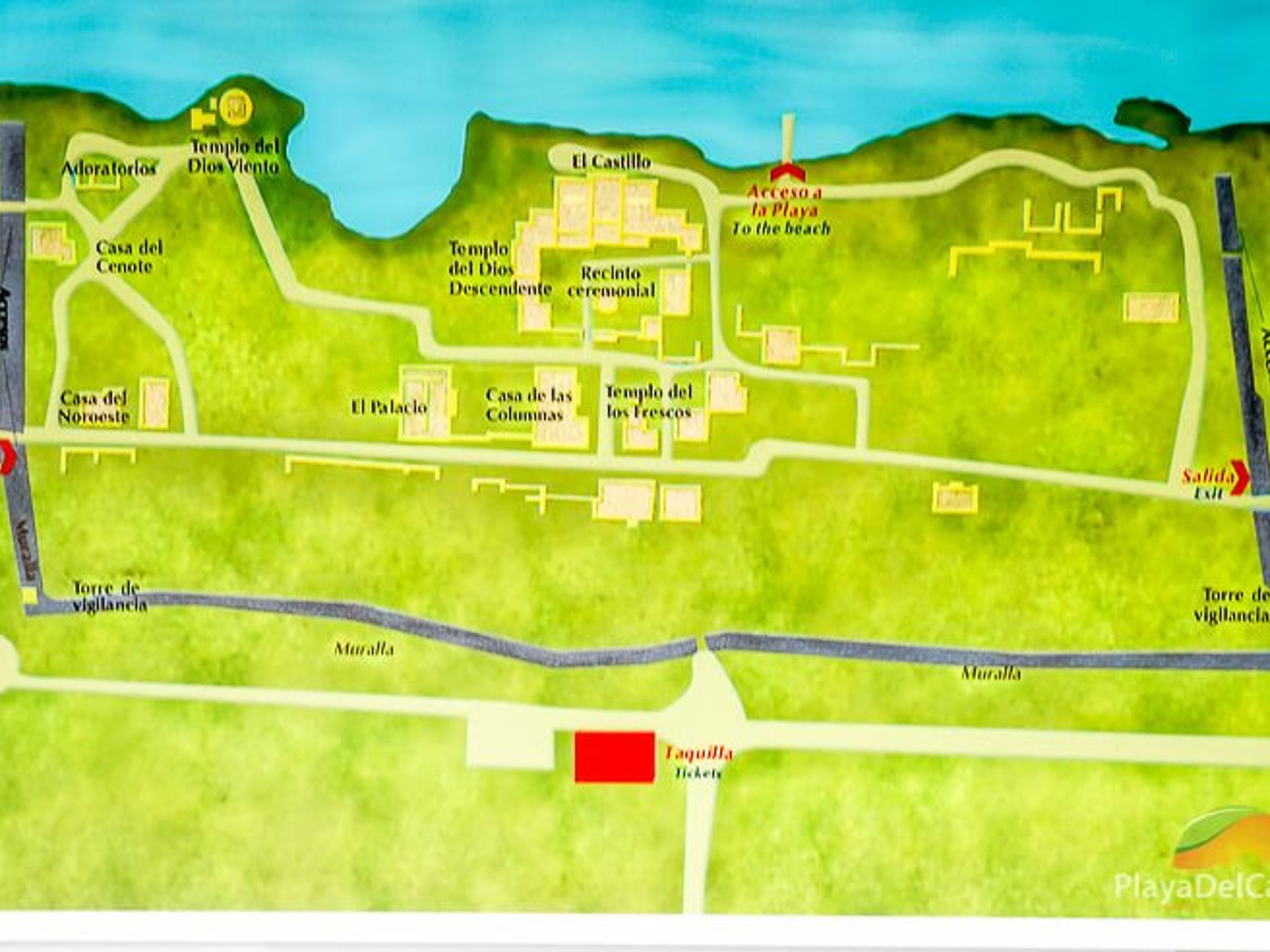 Tour "Tulum + natación subacuática con delfines". Localization in the Map of Tulum Archaeological Zone. Tulum, Mexico.
