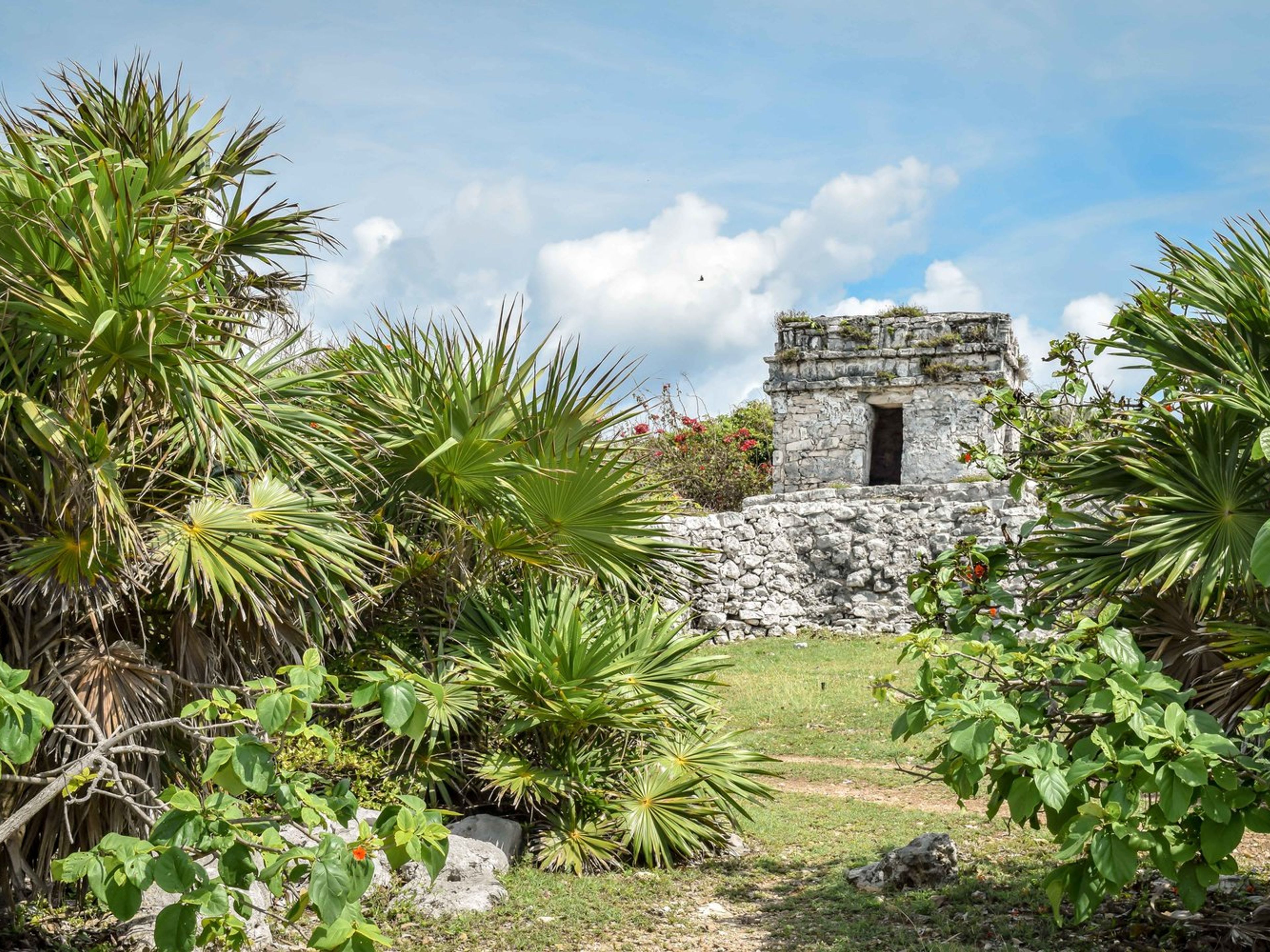 "Tulum Xtreme from Cancun" Tour. Panoramic View of Pyramid "El Castillo" in Tulum Archaeological Zone. Tulum, Mexico.