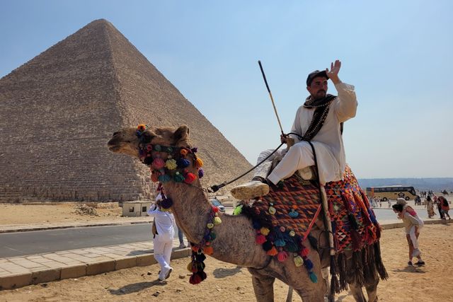 The Three Pyramids of Giza panoramic view, Giza, Cairo, Egypt.