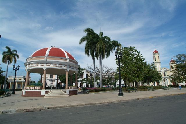 Cathedral of Cienfuegos at José Martí central park panoramic view, Cienfuegos city