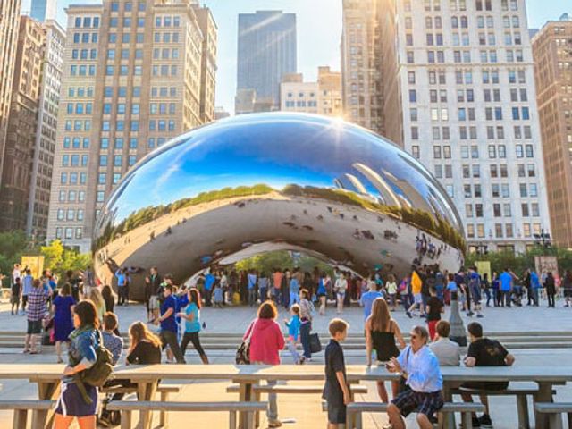The Cloud Gate panoramic view, CHICAGO, Illinois state, United States of America.