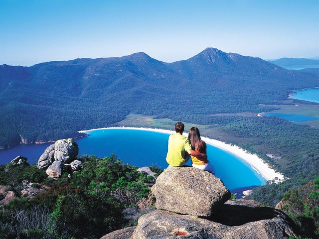 Wineglass Bay panoramic view located in the Freycinet peninsula, Bicheno, Tasmania, Australia.