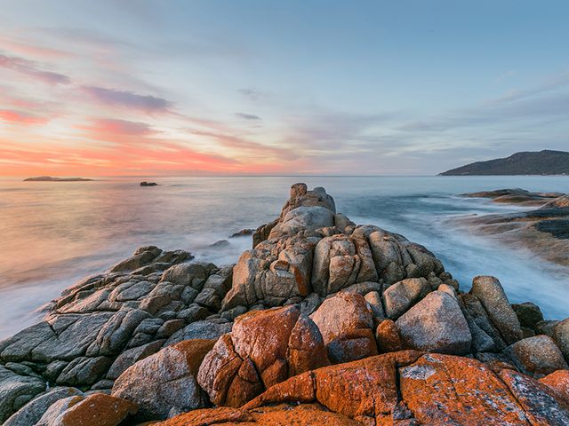 Sunrise at Bicheno cost panoramic view, Tasmania, Australia.