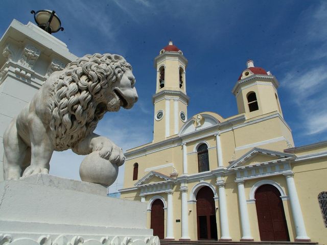 Cathedral of Cienfuegos at José Martí central park panoramic view, Cienfuegos city