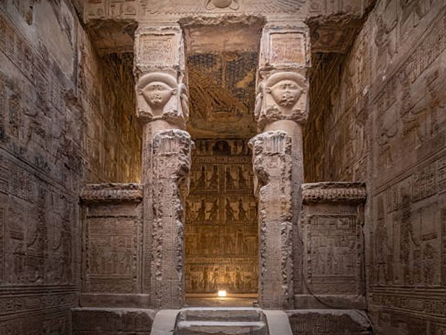 The interior of the Temple of Hathor in Dendera, Luxor, Egypt.