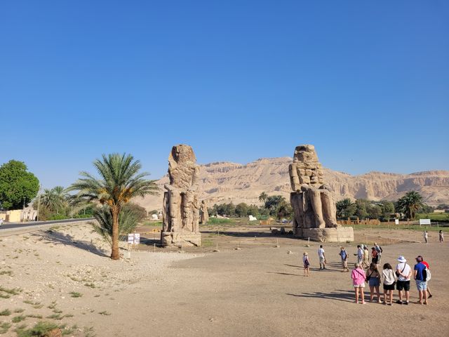The Colossi of Memnon panoramic view, Luxor, Egypt. 