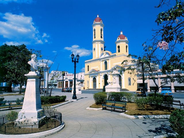 Cathedral of Cienfuegos at José Martí central park panoramic view, Cienfuegos city