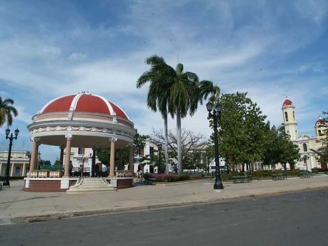 Cathedral of Cienfuegos at José Martí central park panoramic view, Cienfuegos city