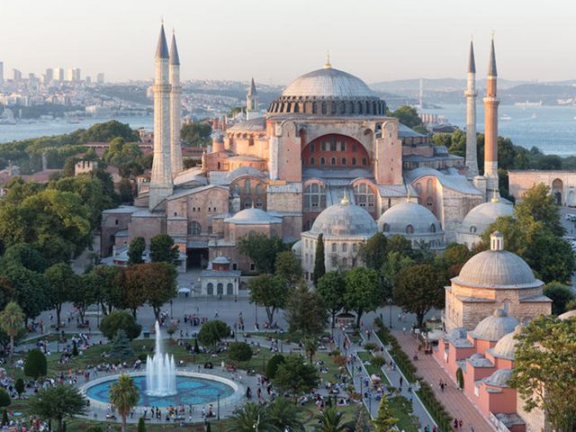 The Sultan Ahmed Mosque, also known as the Blue Mosque panoramic view,  a historic mosque located in Istanbul, Turkey.