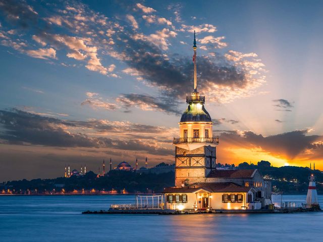 The Maiden's Tower (Turkish: Kız Kulesi), also known as Leander's Tower panoramic view, Istanbul city, Turkey.