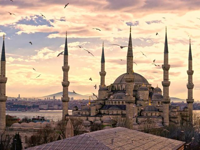 The Sultan Ahmed Mosque, also known as the Blue Mosque panoramic view,  a historic mosque located in Istanbul, Turkey.