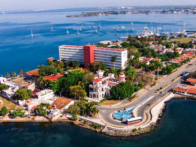 Cienfuegos bay and Jagua hotel panoramic view, Cienfuegos, Cuba.