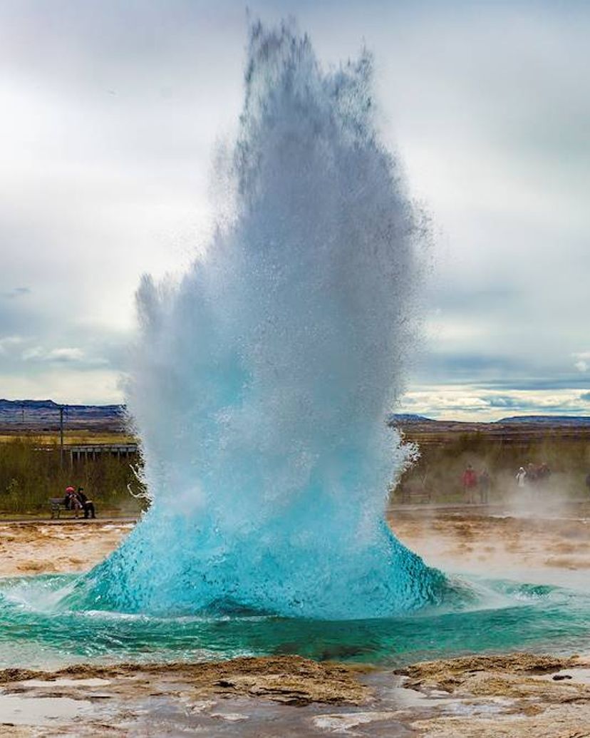 The Great Geysir (Strokkur geysir) panorami view, Haukadalur Geysir valley, Iceland.