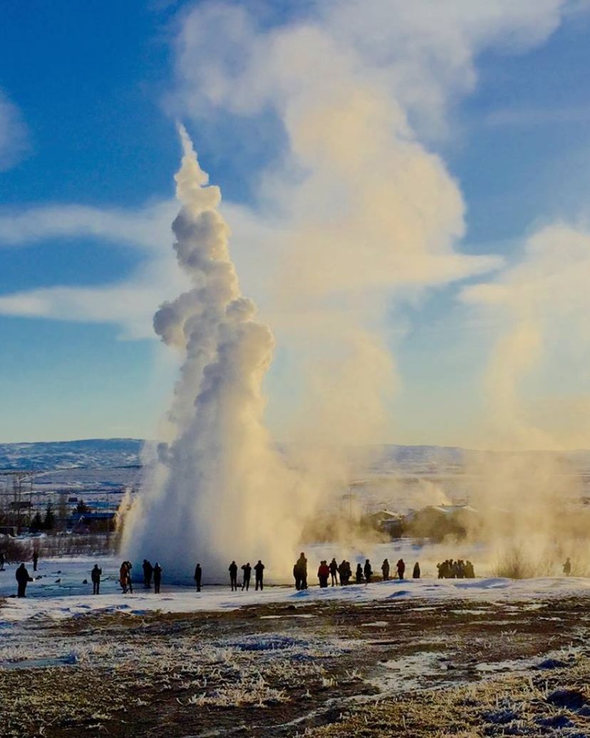 The Great Geysir (Strokkur geysir) panorami view, Haukadalur Geysir valley, Iceland.