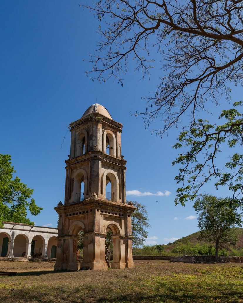 Clock tower in Ruins of Ingenio San Isidro de los Destiladeros, Sugar Mill Valley panoramic view, Trinidad, Sancti Spíritus, Cuba