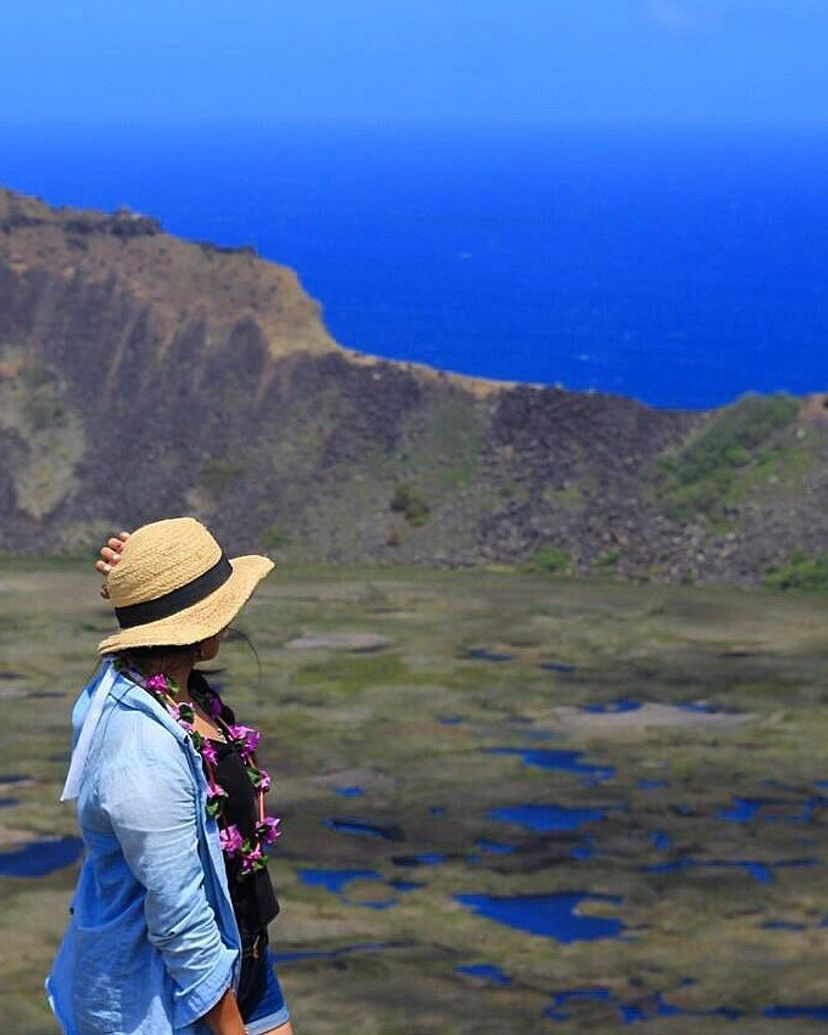 The Rano Kau volcano viewpoint, "HOPUMANU AND THE CEREMONIAL VILLAGE OF ORONGO" Tour, Rapa Nui, Chile.