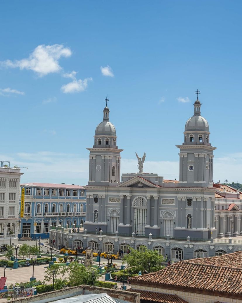 Cathedral of Santiago and Céspedes park panoramic view, Santiago de Cuba city, Cuba.